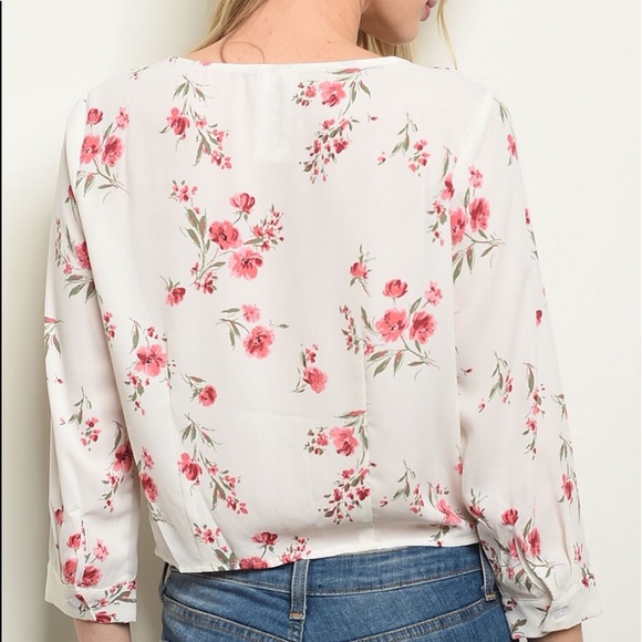 ❌DONATED❌White Floral Button Down Tie Top - Picture 3 of 8
